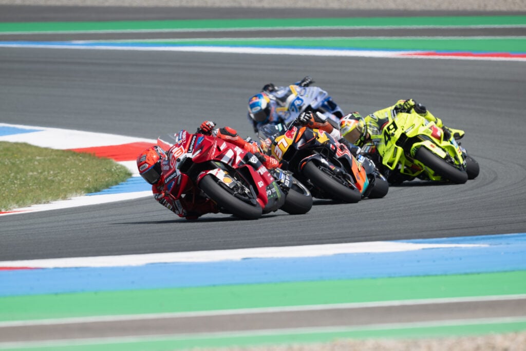 MotoGP riders led by Marc Marquez of Ducati during the Dutch Grand Prix