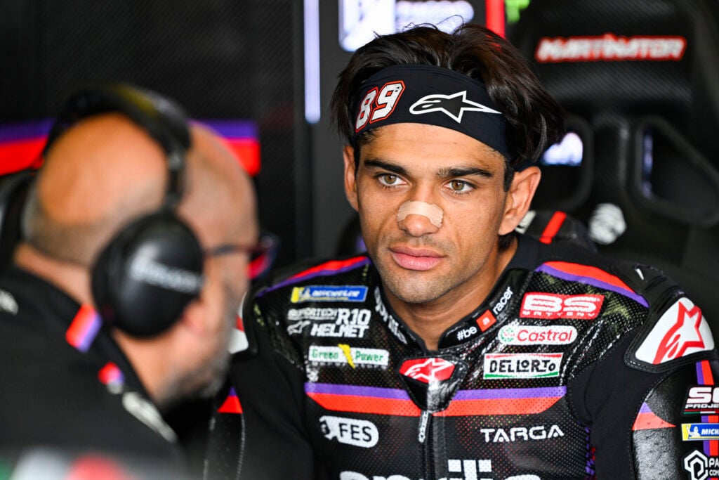 Jorge Martin of Aprilia in the garage at the German Grand Prix practice.