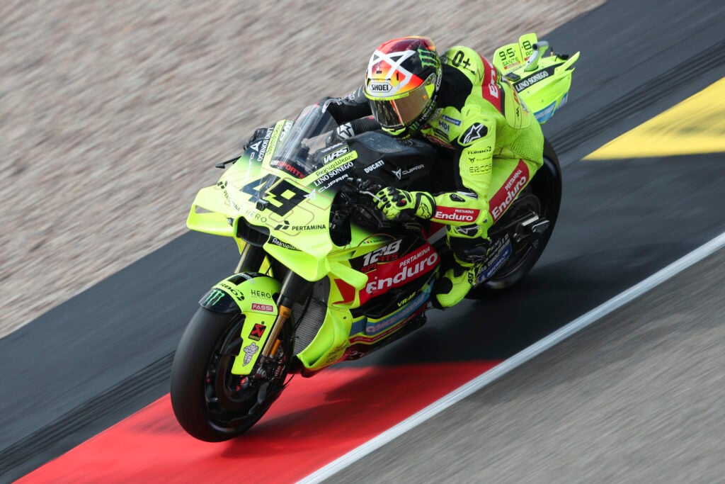 VR46 rider Fabio Di Giannantonio on track during FP1 at the 2026 MotoGP German Grand Prix