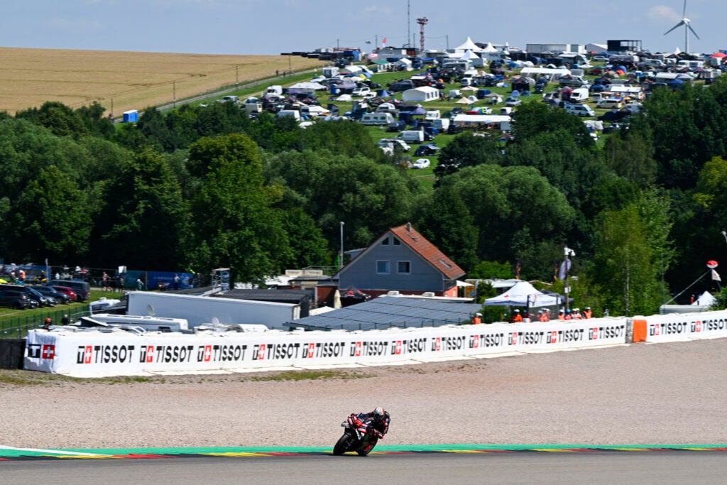 Aprilia rider Marco Bezzecchi on track during practice at the 2026 MotoGP German Grand Prix