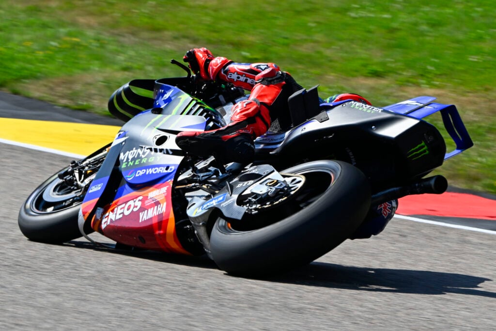 Fabio Quartararo on his Yamaha MotoGP bike during practice at the 2026 German Grand Prix.