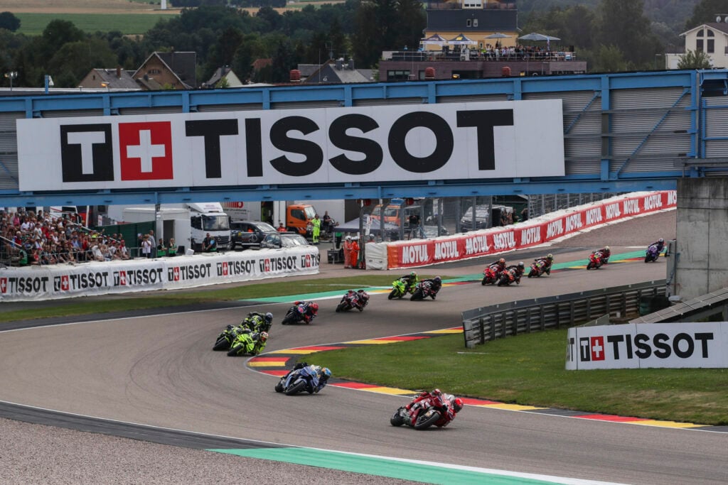 Ducati rider Marc Marquez leads Gresini's Alex Marquez on track during the Sachsenring Sprint Race at the 2026 MotoGP German Grand Prix