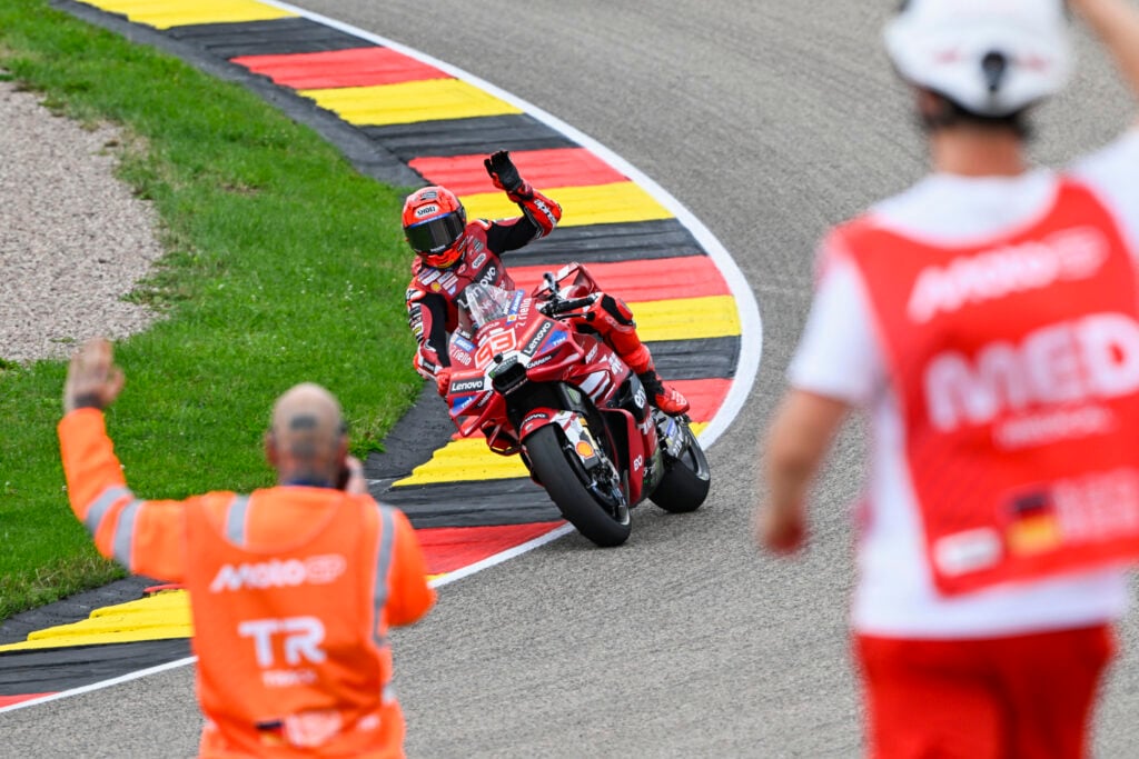 Ducati rider Marc Marquez celebrates winning the Sachsenring Sprint Race at the 2026 German Grand Prix