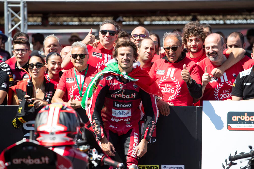 Nicolo Bulega celebrates with Ducati after winning the Superpole Race at the 2026 World Superbike Donington Park round