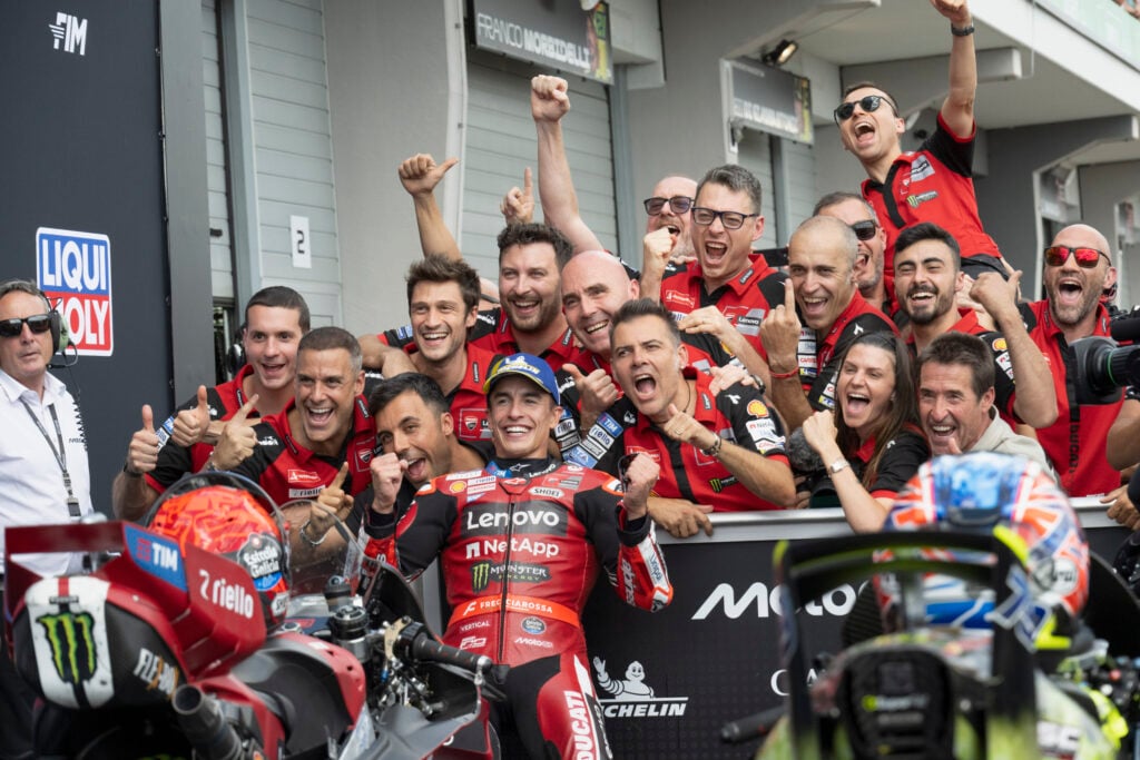 Ducati rider Marc Marquez celebrates winning the 2026 MotoGP German Grand Prix with his team