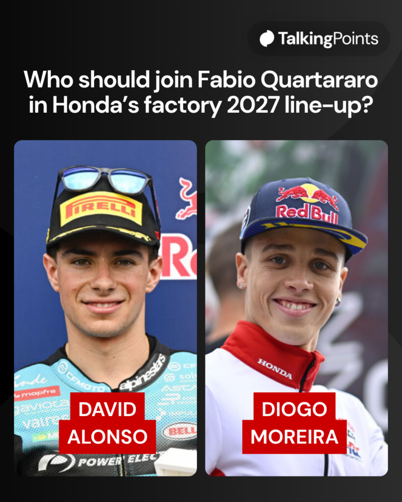 A split graphic of Moto2 rider David Alonso and LCR Honda MotoGP rider Diogo Moreira
