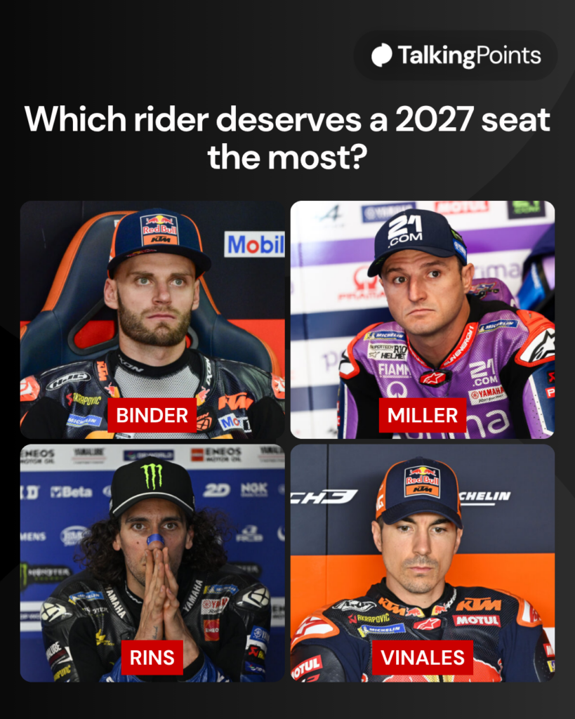 Brad Binder of KTM at the 2025 MotoGP post-season test in Valencia, Pramac rider Jack Miller sitting in the garage ahead of the 2026 Catalan Grand Prix, Alex Rins sits in the Yamaha MotoGP garage, KTM Tech3 rider MotoGP Maverick Vinales sits in the garage at the 2026 Brazilian Grand Prix