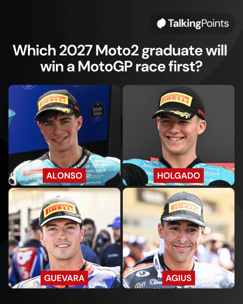 A graphic of 2026 Moto2 riders David Alonso, Daniel Holgado, Izan Guevara and Senna Agius