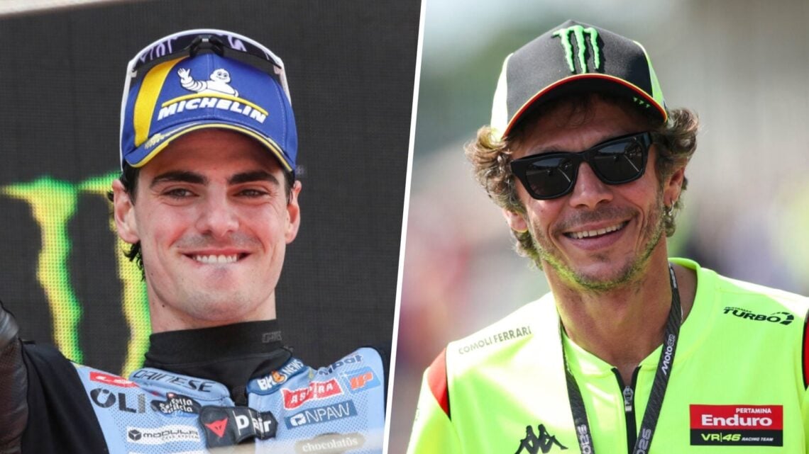 Gresini rider Fermin Aldeguer celebrates on the 2026 MotoGP Catalan Grand Prix podium and VR46 team owner Valentino Rossi smiles in the Czech GP pi...
