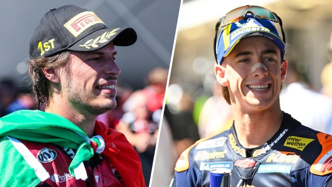 Nicolo Bulega of Ducati celebrates winning Race 1 at World Superbikes' 2026 Misano round and KTM rider Pedro Acosta celebrates scoring pole positio...