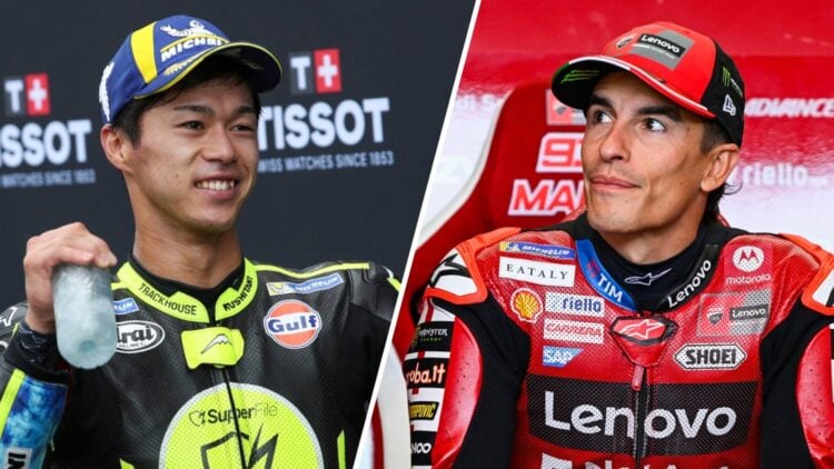 Trackhouse rider Ai Ogura celebrates in parc ferme after winning the 2026 MotoGP Dutch Grand Prix, and Marc Marquez in the Ducati garage at the Ger...