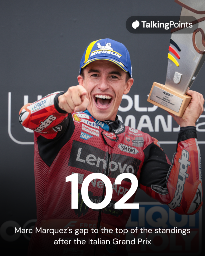 Marc Marquez of Ducati celebrates on the German Grand Prix podium
