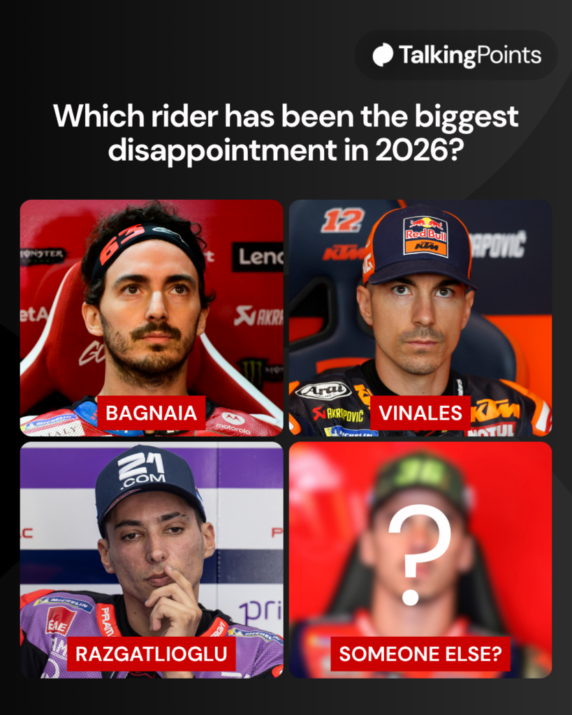 Four-way split of Francesco Bagnaia, Maverick Vinales, Toprak Razgatlioglu and a mystery rider